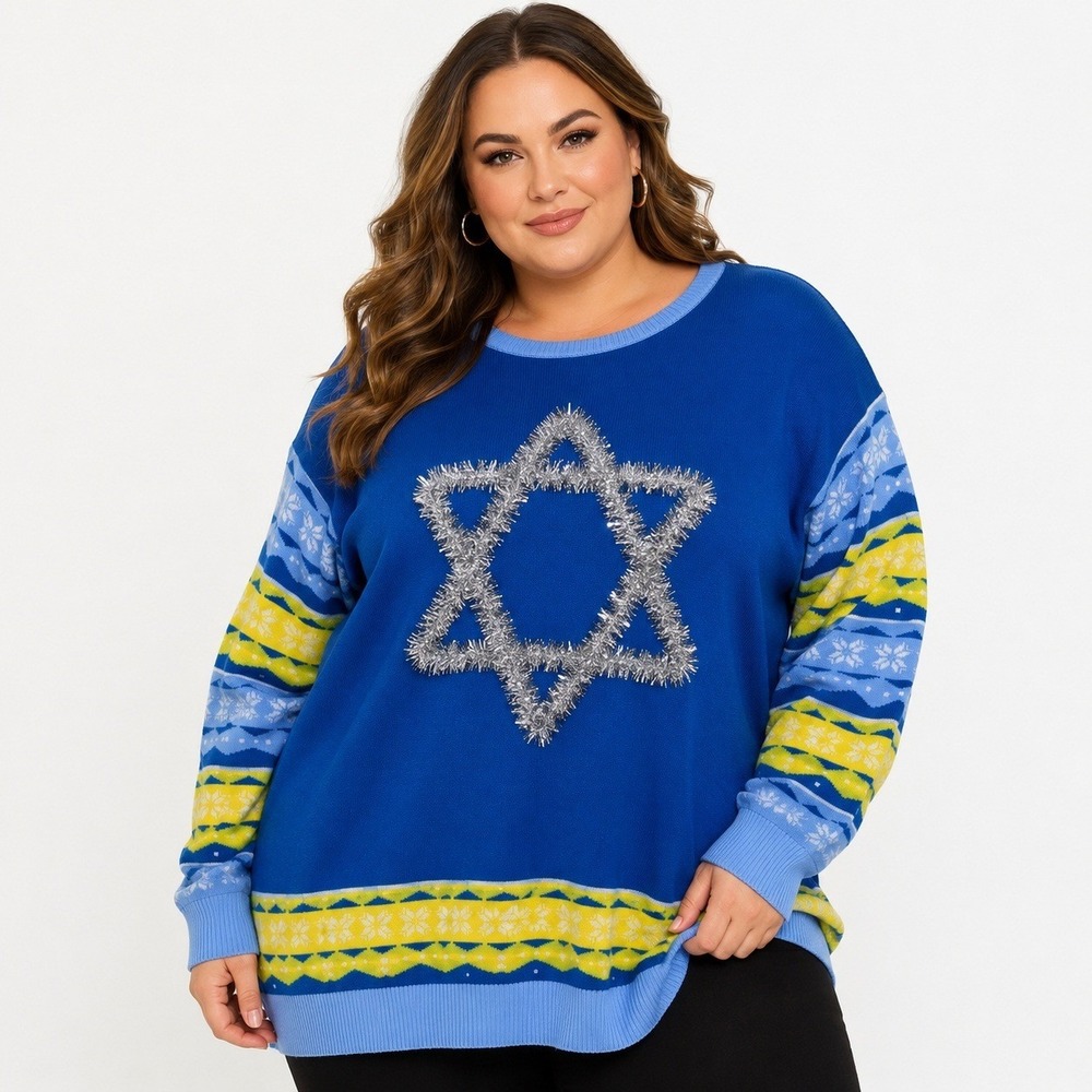 Tipsy Elves Womens‎ Blue Tinsel Star of David Hanukkah Ugly Sweater 3X NWT